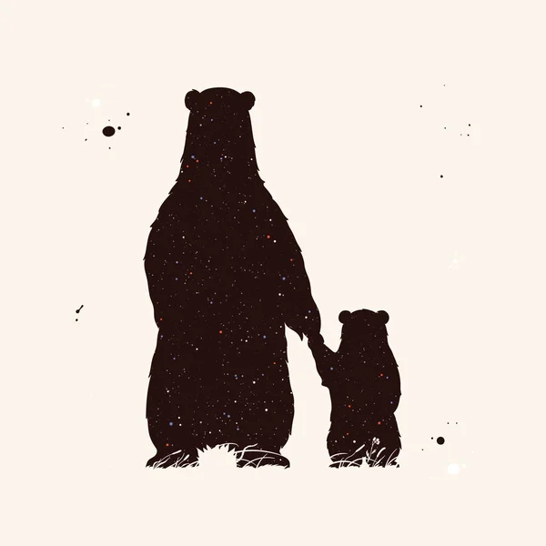 Une Famille Ours Silhouettes Animales Abstraites Ciel Étoilé Nocturne — Image vectorielle