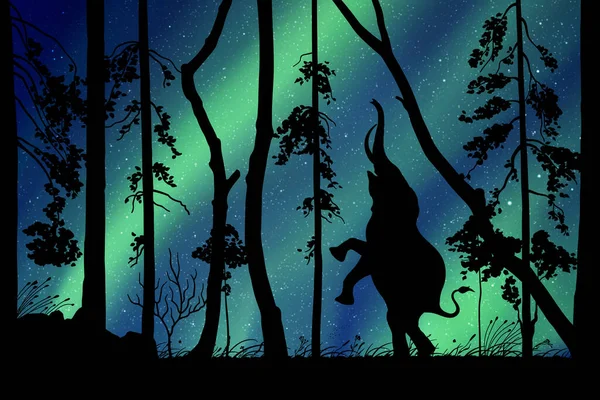 Silueta Elefante Noche Estrellada Árboles Bosque Luces Boreales — Vector de stock