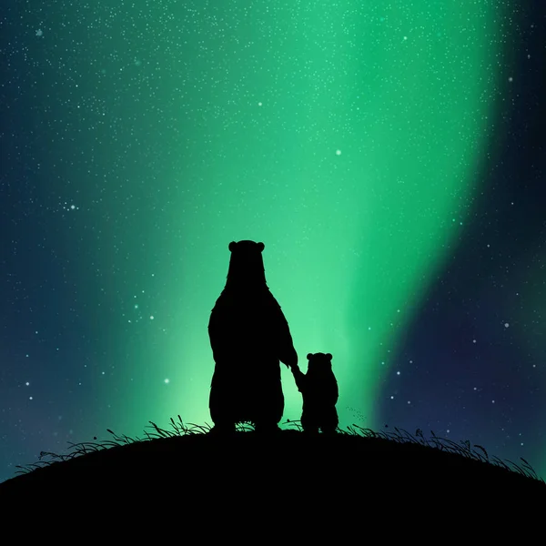 Bears Family Night Animal Silhouettes Hill Aurora Borealis —  Vetores de Stock