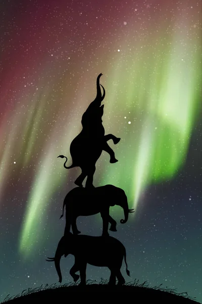 Elephants Reach Stars Night Animal Silhouette Aurora Borealis — Stock vektor