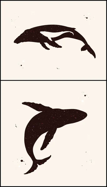 Rodzinna Sylwetka Wielorybów Abstrakcyjny Zestaw Kształtów Zwierząt Nocne Gwiaździste Niebo — Wektor stockowy