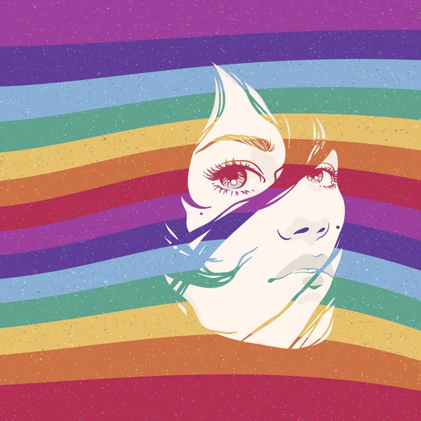 Frauenporträt Mädchengesicht Gay Pride Lgbt Konzept Regenbogen Hintergrund — Stockvektor
