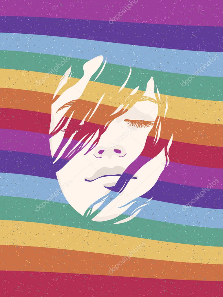 Woman portrait. Girl face. Gay Pride. LGBT concept. Rainbow background