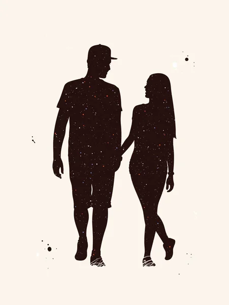 Camminando Amanti Silhouette Persone Che Tengono Mano Cielo Stellato Notturno — Vettoriale Stock