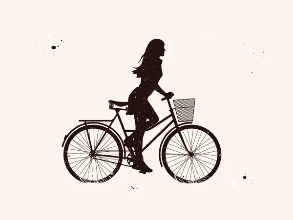 Девушка Велосипеде Велосипедист Велосипеде Абстрактный Силуэт Ночное Звездное Небо — стоковый вектор