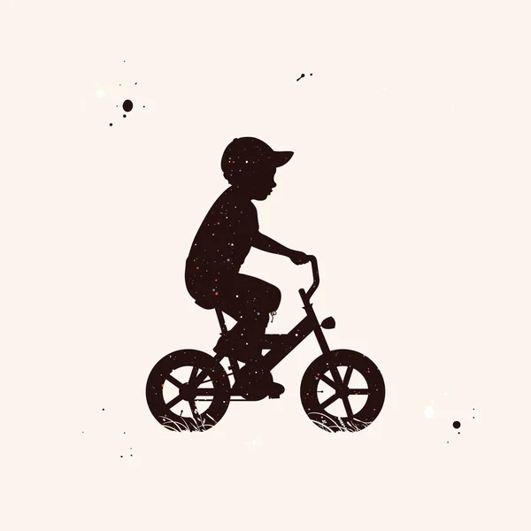 骑自行车的男孩 骑自行车的孩子抽象的轮廓 夜空中的星星 — 图库矢量图片