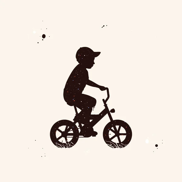 Een Jongen Fiets Kind Fiets Abstract Silhouet Nacht Sterrenhemel — Stockvector