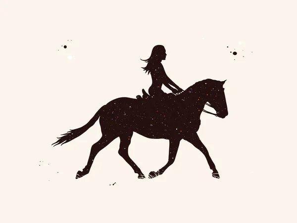 Chica Caballo Silueta Abstracta Jinete Femenino Cielo Estrellado Nocturno — Vector de stock