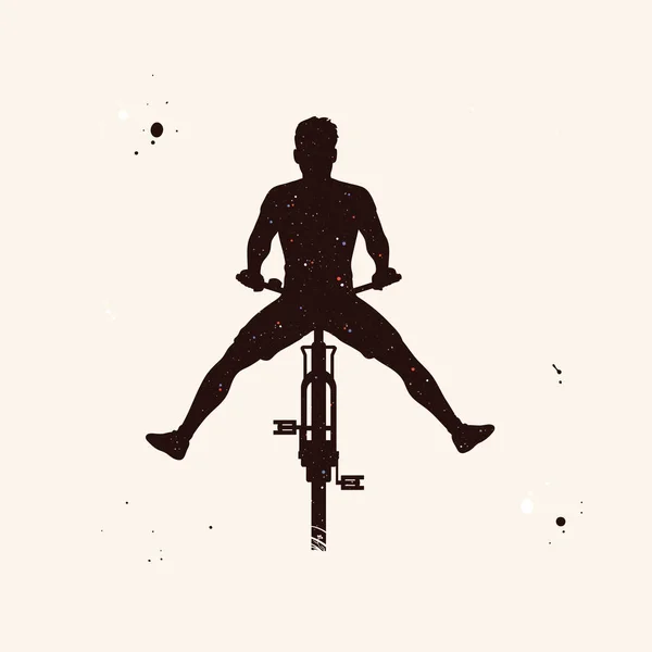 Парень Велосипеде Силуэт Велосипедиста Раздвинутыми Ногами Ночное Звездное Небо — стоковый вектор