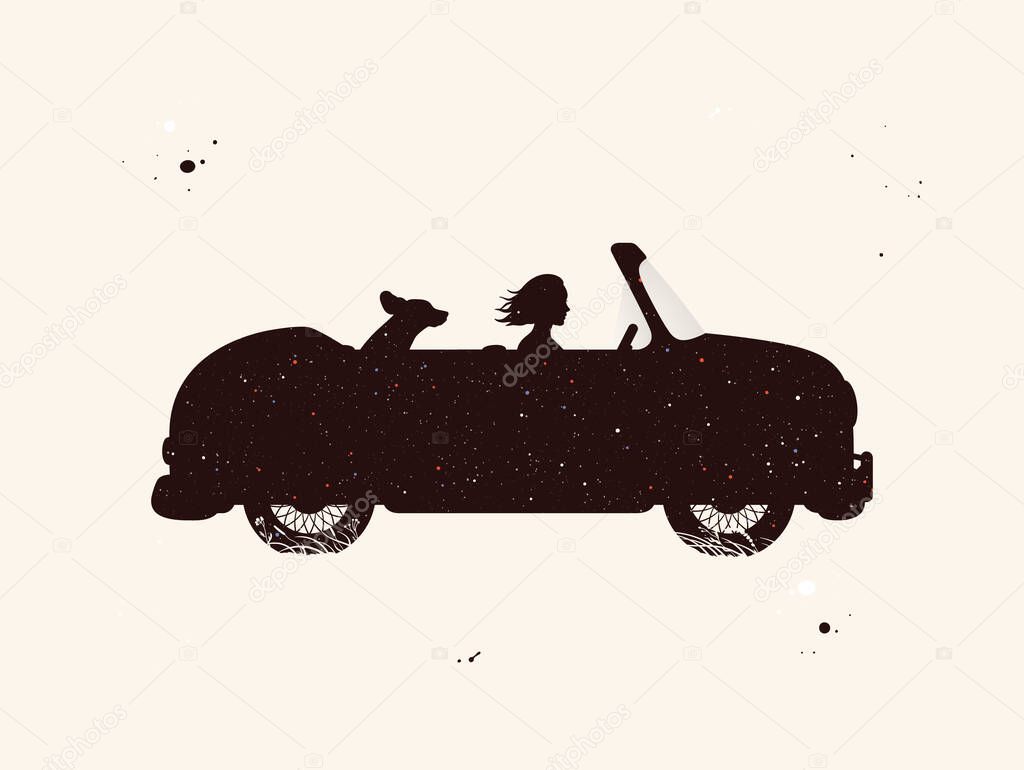 Girl in car. Woman silhouette driving. Road trip. Night starry sky