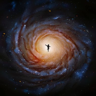 Uzayda bir astronot. Kozmonot silueti. Spiral galaksi. Bu görüntünün elementleri NASA tarafından desteklenmektedir