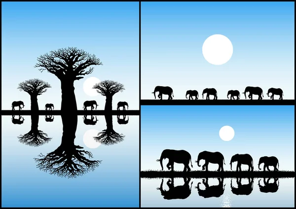 Famille Des Éléphants Baobab Silhouette Isolée Animal Voie Disparition — Image vectorielle