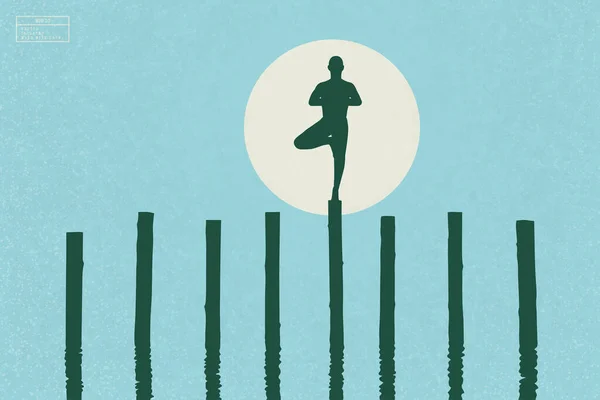 Yoga Freien Silhouette Eines Yogi Mannes Der Auf Baumstämmen Steht — Stockvektor