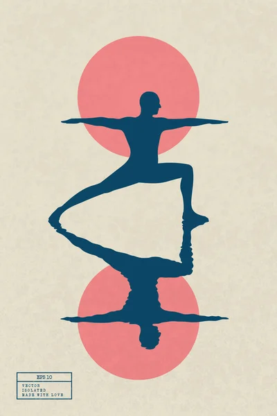 Yoga Buiten Silhouet Van Yogi Man Krijger Pose Sumie Stijl — Stockvector