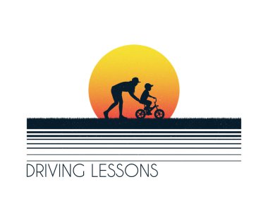 Mother with child on bicycle. Boy riding bike. White retro background