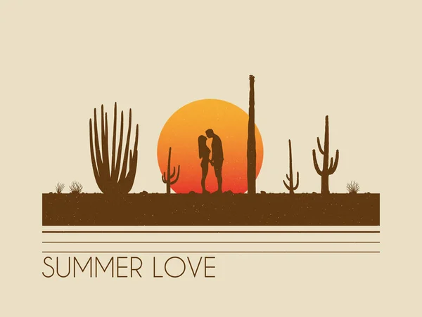 Geliefden Tussen Cactussen Kus Koppel Silhouet Romantisch Afspraakje — Stockvector