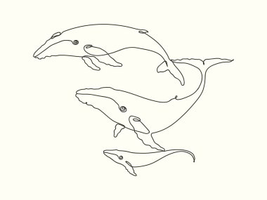 Balina ailesi. Sürekli tek sıra halinde. Hayvan taslağı. Doğrusal logo