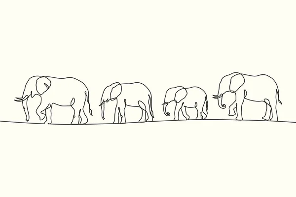 Troupeau Éléphants Linéaires Plan Famille Animale Ligne Unique Continue — Image vectorielle