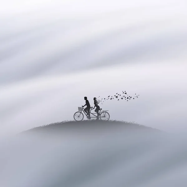 Des Gens Vélo Amoureux Paradis Mort Delà Nuages Brumeux — Image vectorielle