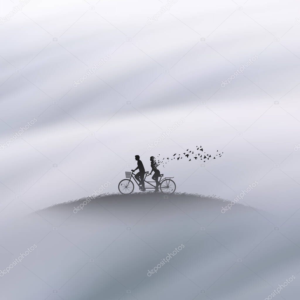 People on bycicle. Lovers in heaven. Death and afterlife. Foggy clouds