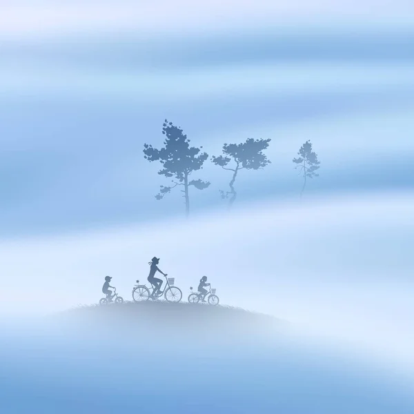 Сім Велосипедах Мати Діти Велосипедний Силует Дерево Тумані — стоковий вектор