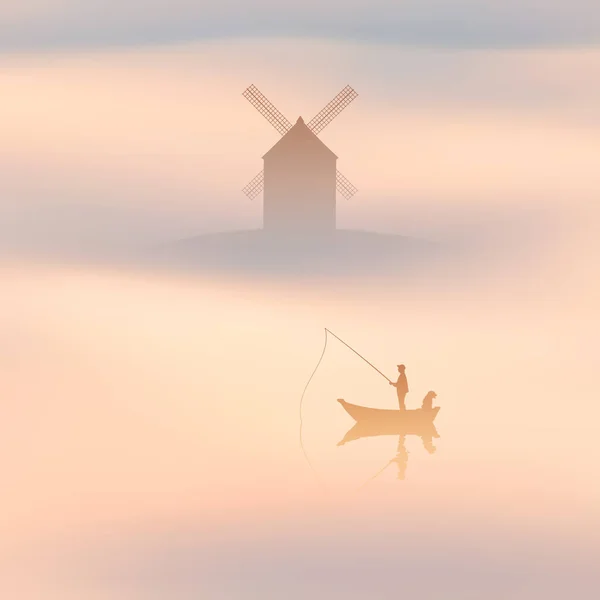 Рыбак Лодке Собакой Человек Удочкой Ветряная Мельница Тумане — стоковый вектор