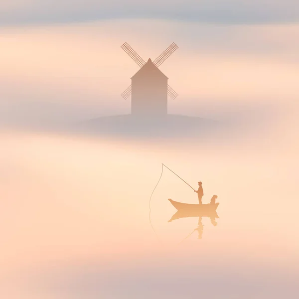 Pêcheur Bateau Avec Chien Homme Avec Canne Pêche Ancien Moulin — Image vectorielle