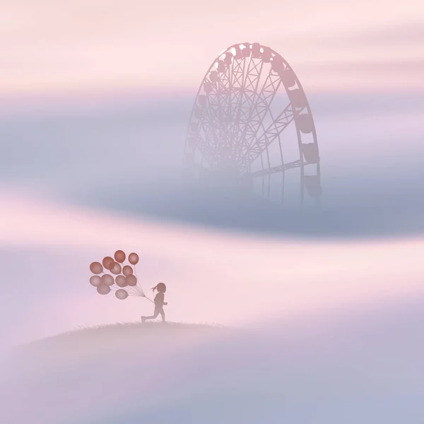 Девушка Шариками Детский Силуэт Парке Колесо Обозрения Тумане — стоковый вектор