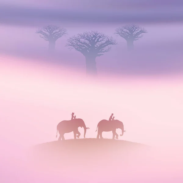 Люди Слонах Семейная Поездка Саванну Баобаб Тумане — стоковый вектор