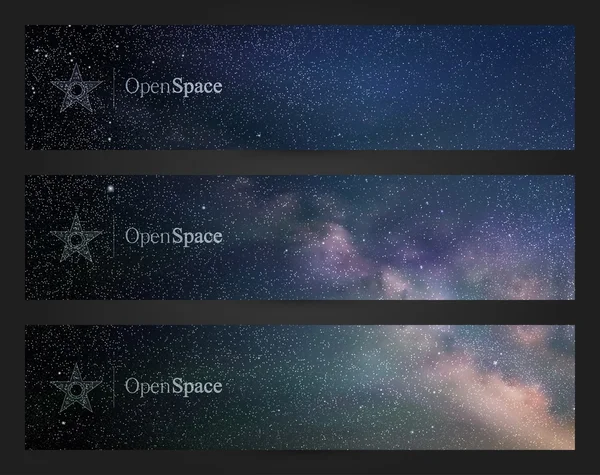 Banners con hermoso cielo estrellado, vía láctea y auroras boreales — Vector de stock