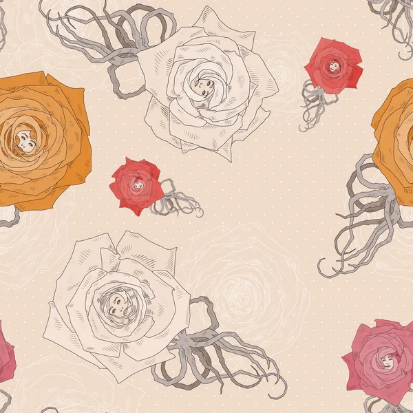 Modèle vectoriel sans couture avec des roses de dessin animé abstraites — Image vectorielle