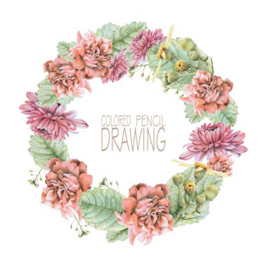 Round frame with beautiful spring flowers and plants clipart