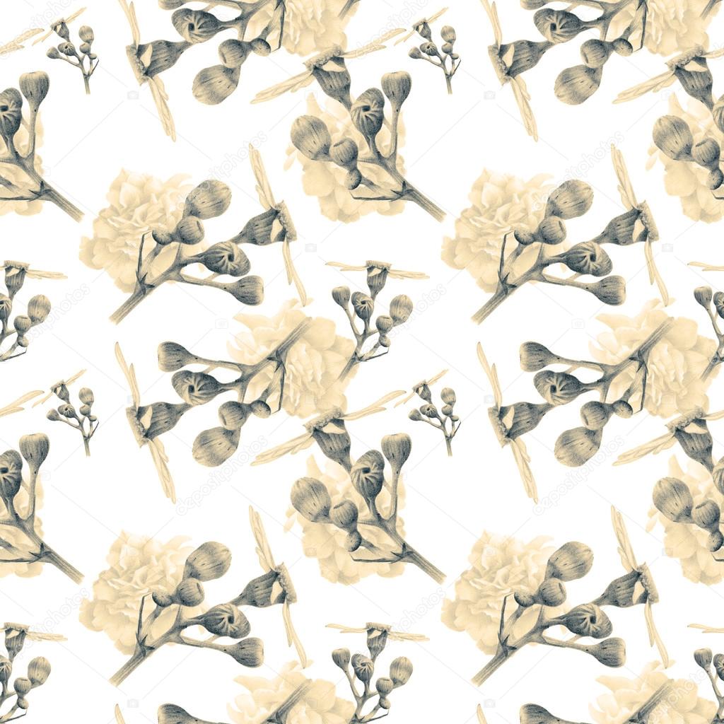 Modello senza cuciture con bella primavera fiori e piante disegnati a mano con le matite colorate Disegno a matita Pu² essere utilizzato per riempimenti
