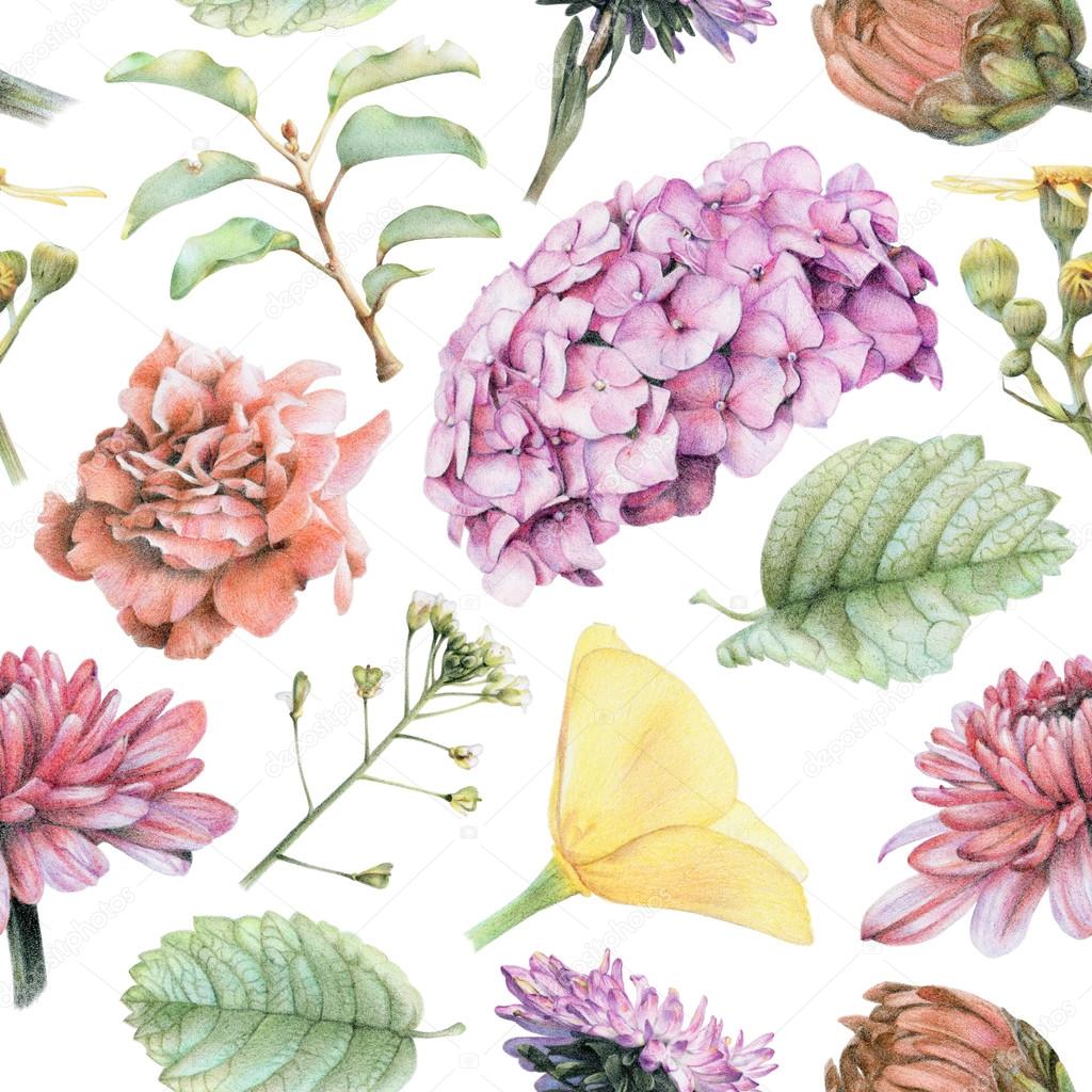 Seamless pattern with beautiful spring flowers and plants