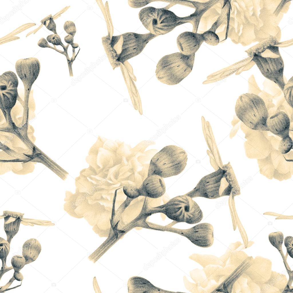 Modello senza cuciture con bella primavera fiori e piante disegnati a mano con le matite colorate Disegno a matita Pu² essere utilizzato per riempimenti