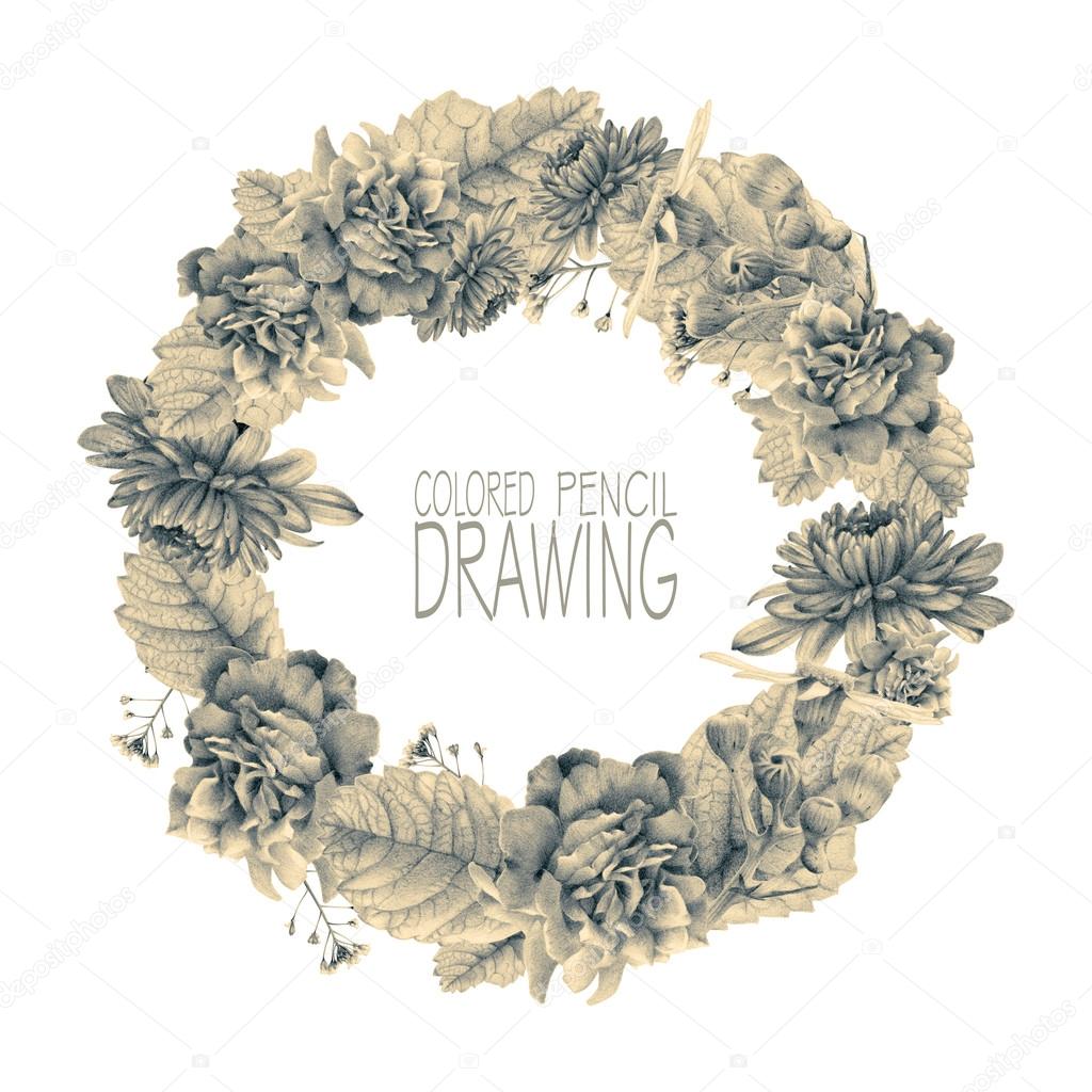 Telaio rotondo con bella primavera fiori e piante disegnati a mano con le matite colorate disegno a matita posto per il testo pu² essere utilizzato e