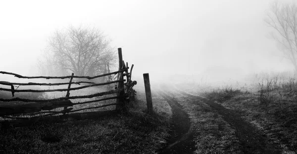 Rurale landschap met weg- en hek — Stockfoto