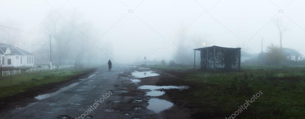 Rural landscape with road and bus stop in fog