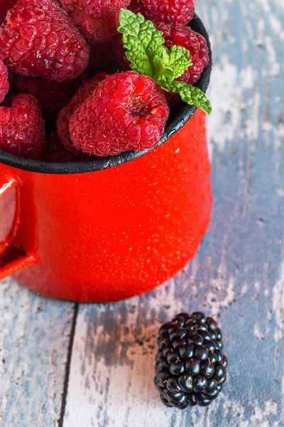 Nahaufnahme von Himbeeren, Brombeeren, Blaubeeren und Minzblättern — Stockfoto