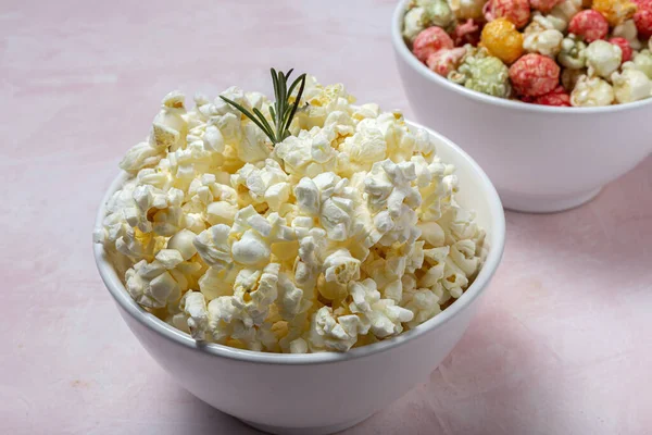 Homemade Popcorn Colored Backgrounds High Contrast Light Snack Concept — Stock Photo, Image