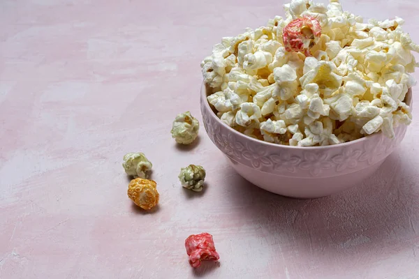 Homemade Popcorn Colored Backgrounds High Contrast Light Snack Concept — Stock Photo, Image
