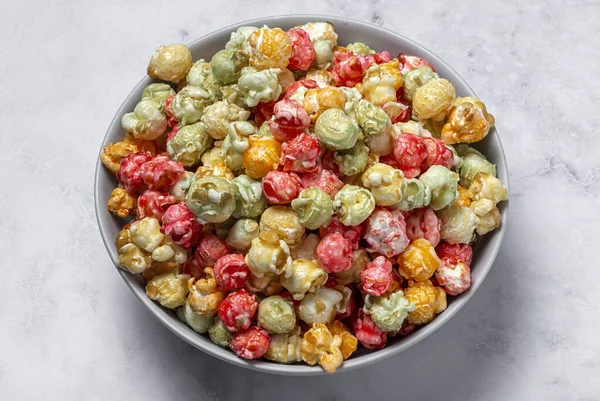 Homemade Colored Popcorn Marble Background High Contrast Light Snack Concept — Stock Photo, Image