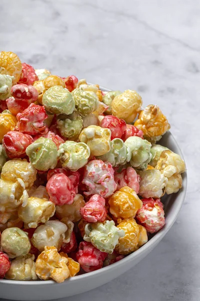 Homemade Colored Popcorn Marble Background High Contrast Light Snack Concept — Stock Photo, Image