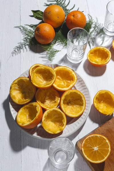 Making Fresh Orange Juice Kitchen Healthy Drink Vegan Concept — Stock Photo, Image