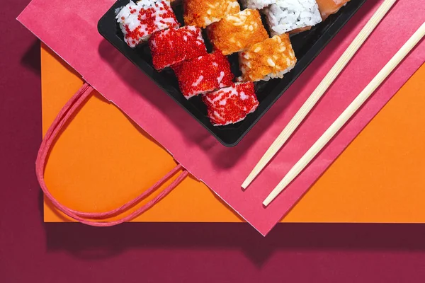 Japanese Food Concept Assorted Sushi Take Away Box Delivery Sea — Stock Photo, Image