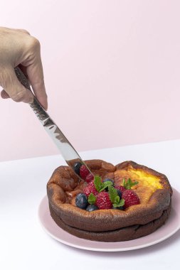 Yukardan gelen yaban mersinli, üzümlü, çilekli ve nane yapraklı ev yapımı cheesecake. Düz yatıyordu