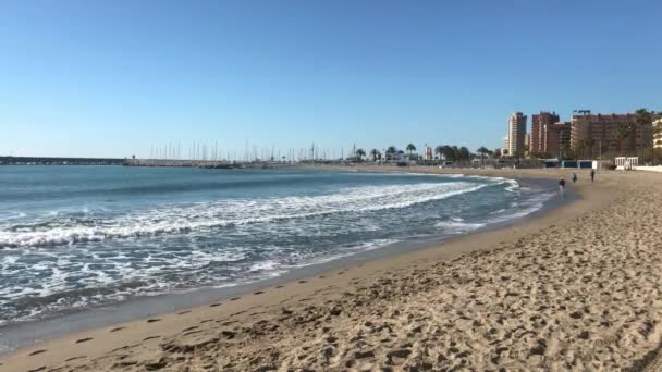 带着波涛汹涌的海浪俯瞰着海滨的沙滩 阳光灿烂 — 图库视频影像