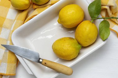 Yukarıdan beyaz arka planda yeşil nane yapraklı taze limonlar. Düz yatıyordu