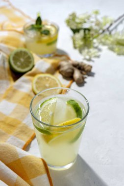 Buzlu ev yapımı cam limonata ve beyaz arka planda gün ışığında nane şekeri.