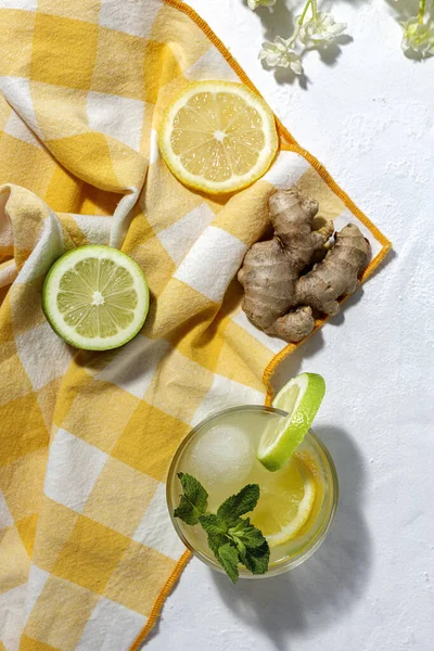 Refrescante Limonada Cristal Casera Con Hielo Menta Luz Del Sol — Foto de Stock